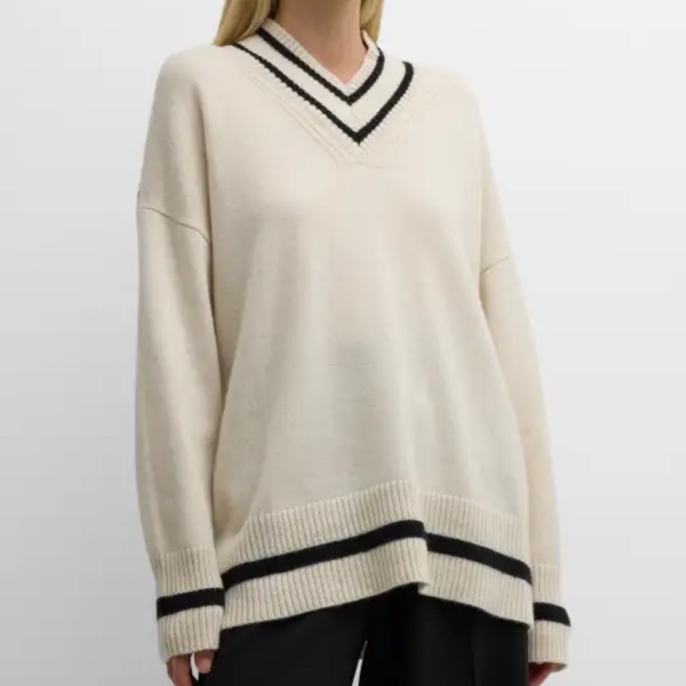 Lafayette 148 New York CASHMERE V-Neck Sweater - Cream with Black Trim